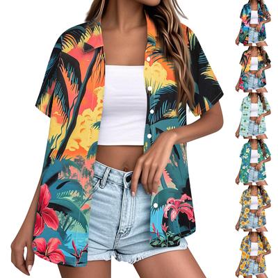Women’s Fashion Casual Short Sleeve Button Down Collared Shirt with Hawaiian Print Loose Fit Lightweight Blouse Top