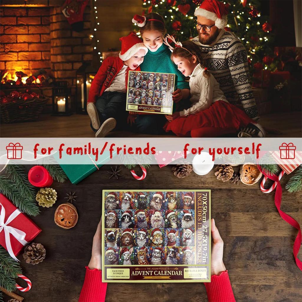 Christmas Advent Calendar Jigsaw Puzzle 1000 Pieces Cat Animal Puzzle 24 Days Countdown Toy Family Home Holiday Party Favors