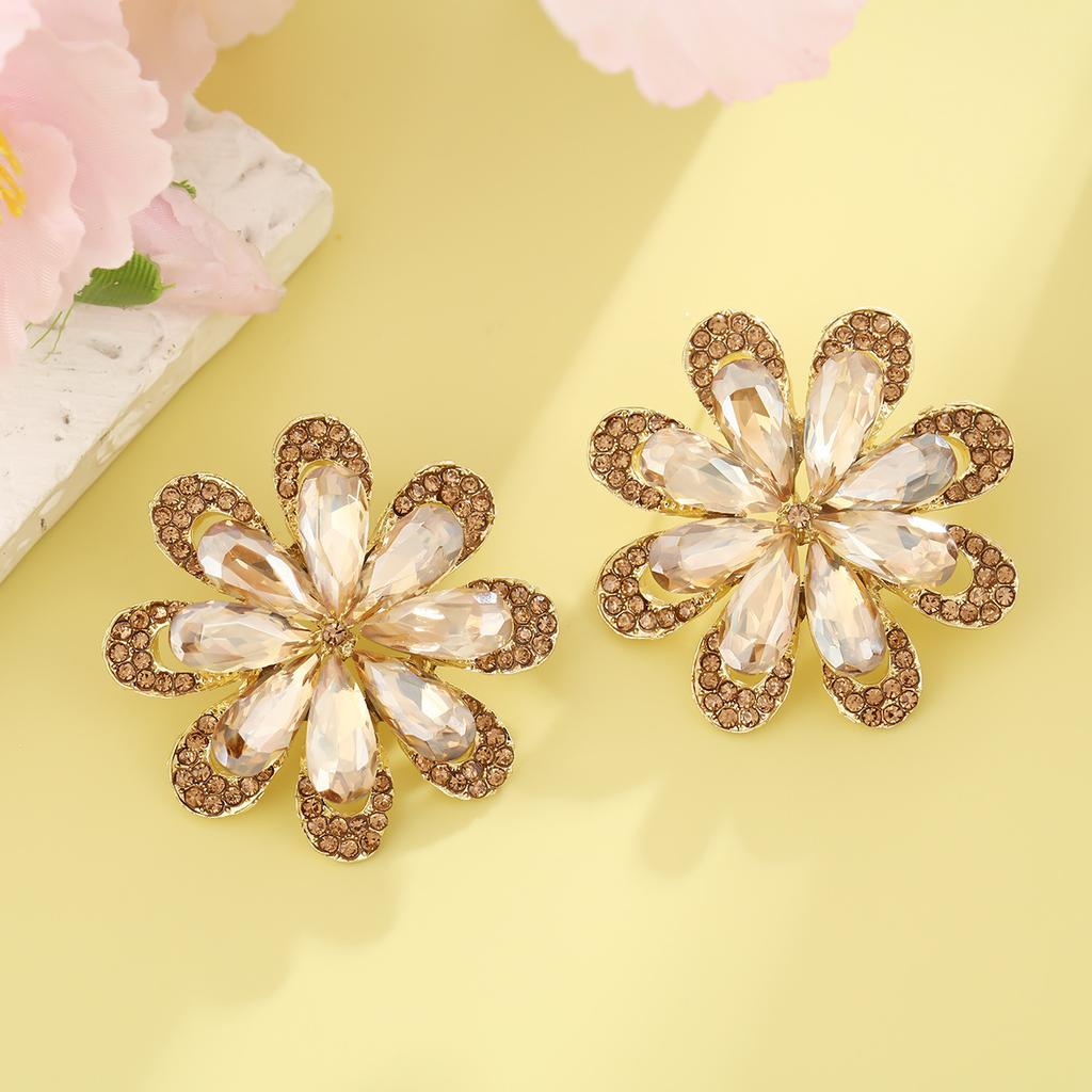 Luxury Sparkling Rhinestone Flower Earrings For Women Exaggerated Fashion Wedding Party Bride Jewelry
