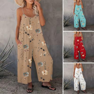 Sommer-Jumpsuit für Damen, verstellbarer Spaghettiträger, rückenfrei, ärmellos, weites Bein, lockerer Blumendruck, tiefer Schritt, Seitentaschen, plissiert, Urlaub, Strand