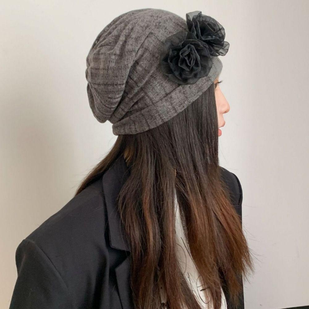 Retro Solid Color Rose Flower Knitted Hat Y2k Style Breathable Women Beanie Cap Crochet Thin Striped Skullies Cap