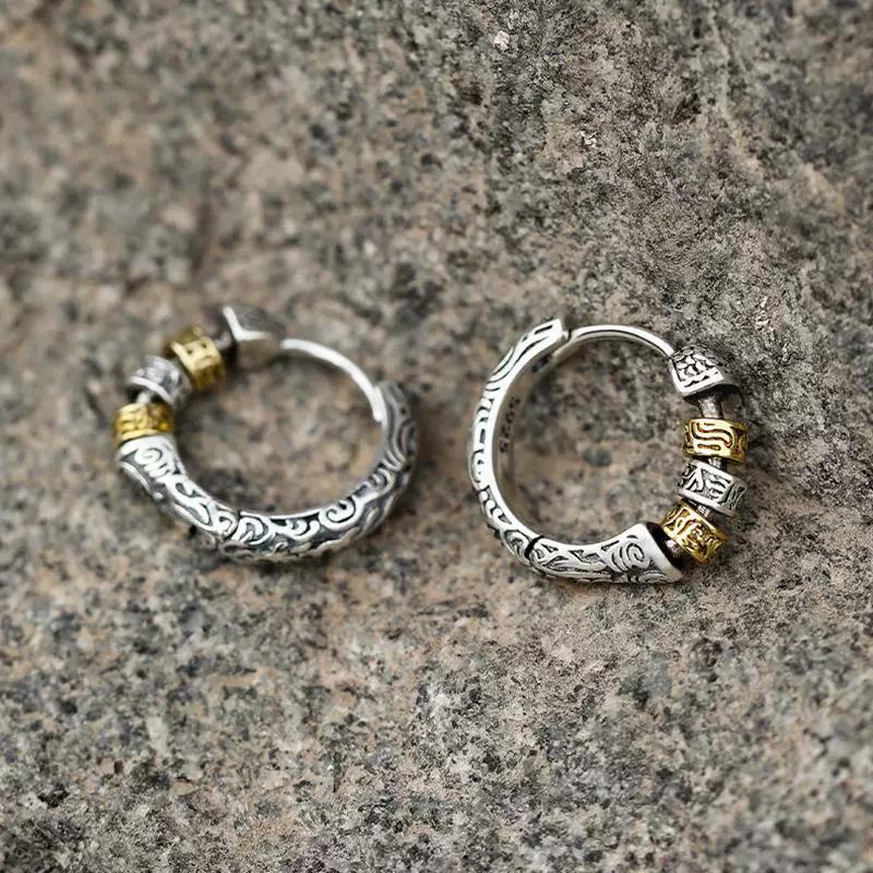 Silver-plated fashionable simple retro Tang grass pattern design earrings ruffian handsome stud earrings niche earrings