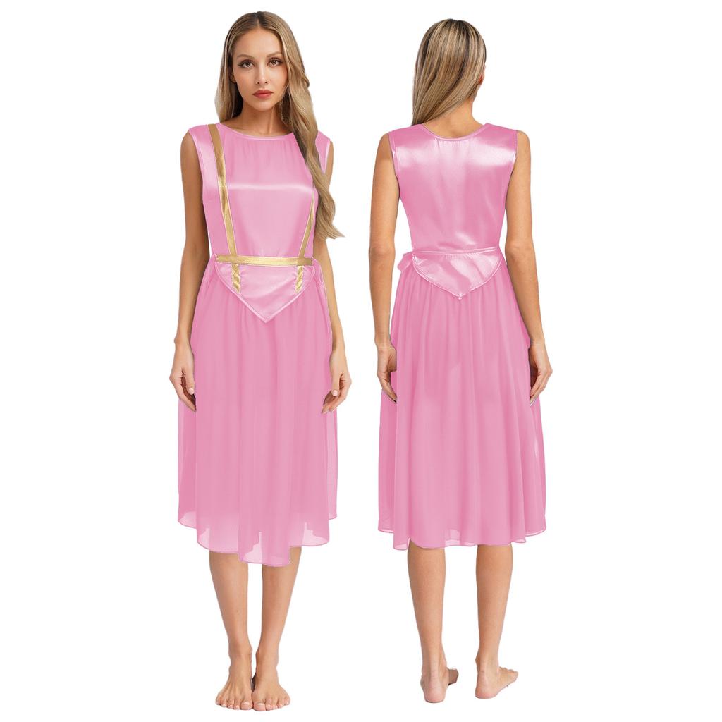 Womens Liturgical Dance Costume Round Neck Sleeveless Design Lace-up Sides Split Hem Satin Tunic