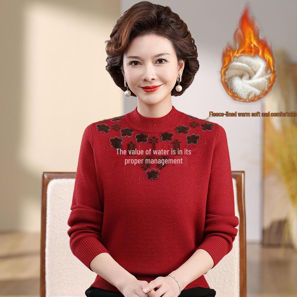 Mom's Velvet One-Piece Sweater for Women - Warm Embroidered Top for Middle-Aged & Elderly Women, Plus Velvet & Thickened for Autumn/Winter.