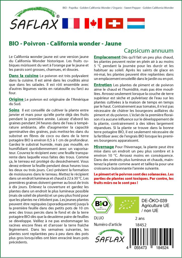 SAFLAX Garden In the Bag - Organic - Sweet Pepper - Golden California Wonder - 20 Seeds - With Substrate In a Fitting Stand Up Bag - Capsicum Annuum