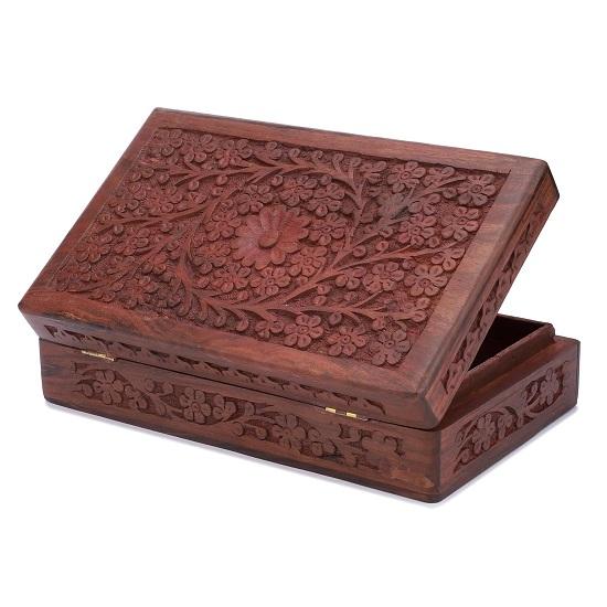 Christmas Gifts Sale Hand Carved Wooden Decorative Floral Carvings Trinket Jewellery Box Storage