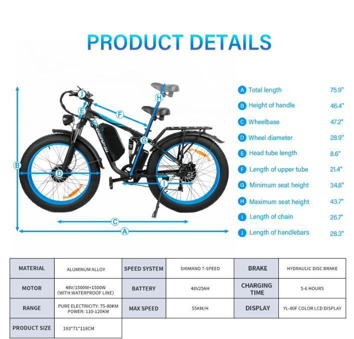 Ebike BLJ DP-2603 3000W Dual Motor 52V 32AH Battery, Front and Rear Shock Absorption, 26-inch Snow Tires, Adult E-Bicycle.