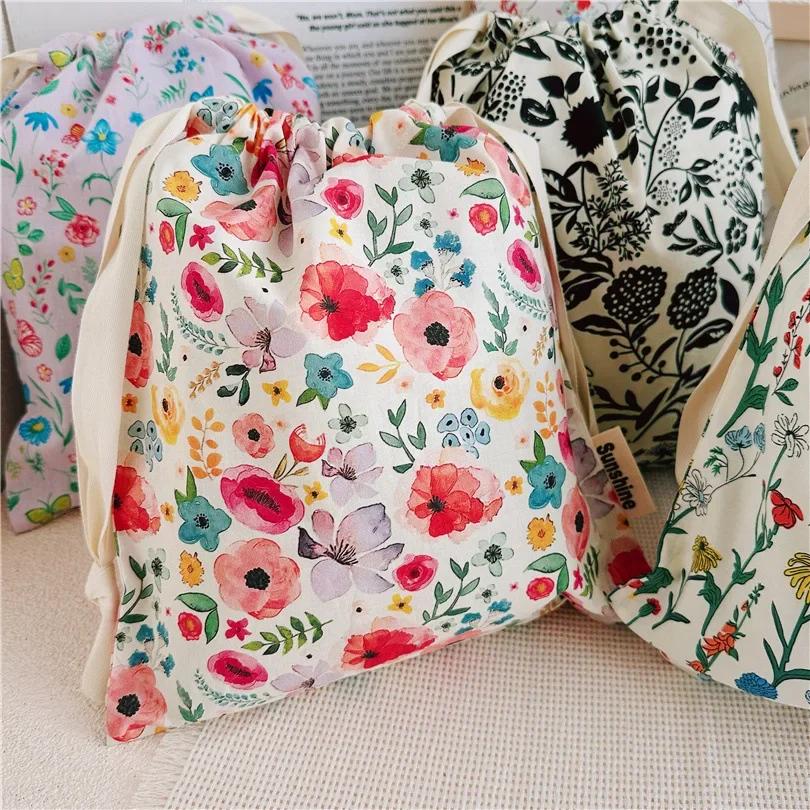 Portable Organizer for Underwear Socks Bra Cotton Makeup Bag Travel Drawstring Bags Ins Flower Print Clothes Cosmetic Bags