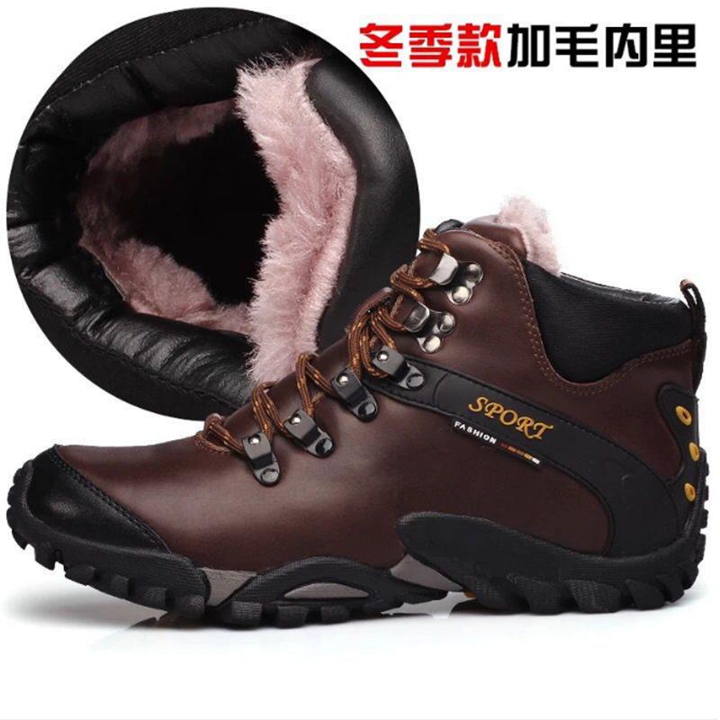 New autumn and winter leather hiking shoes men's outdoor shoes travel shoes high-top hiking shoes waterproof velvet climbing shoes