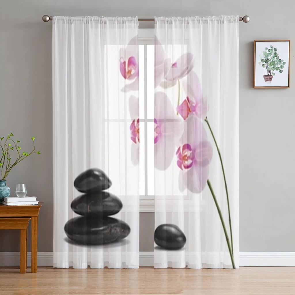 Orkidé Svart Sten Rosa Blomma Vit Tyllgardin För Vardagsrum Sovrum Modern Skir Gardin Dekorativ Fönsterbehandling