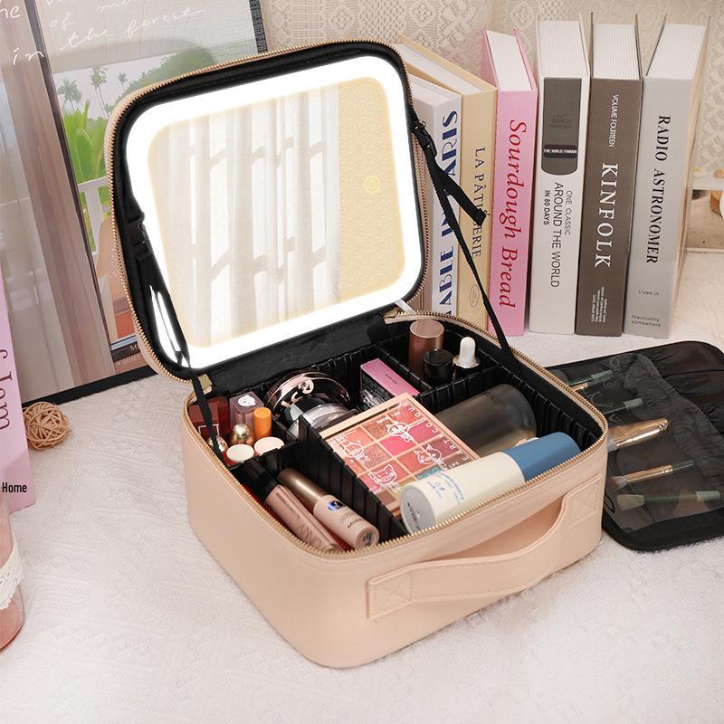 Large Capacity Lighted Makeup Case with Full Screen Mirror - Portable Travel Cosmetics Organizer Box