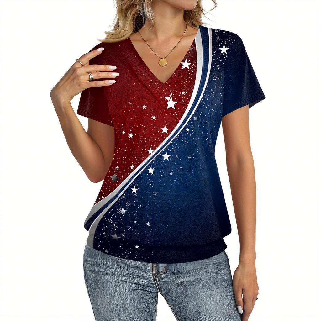 Women's Casual Short Sleeve V Neck Top Independence Day Printed T Shirt Lightweight Comfortable Summer Blouse