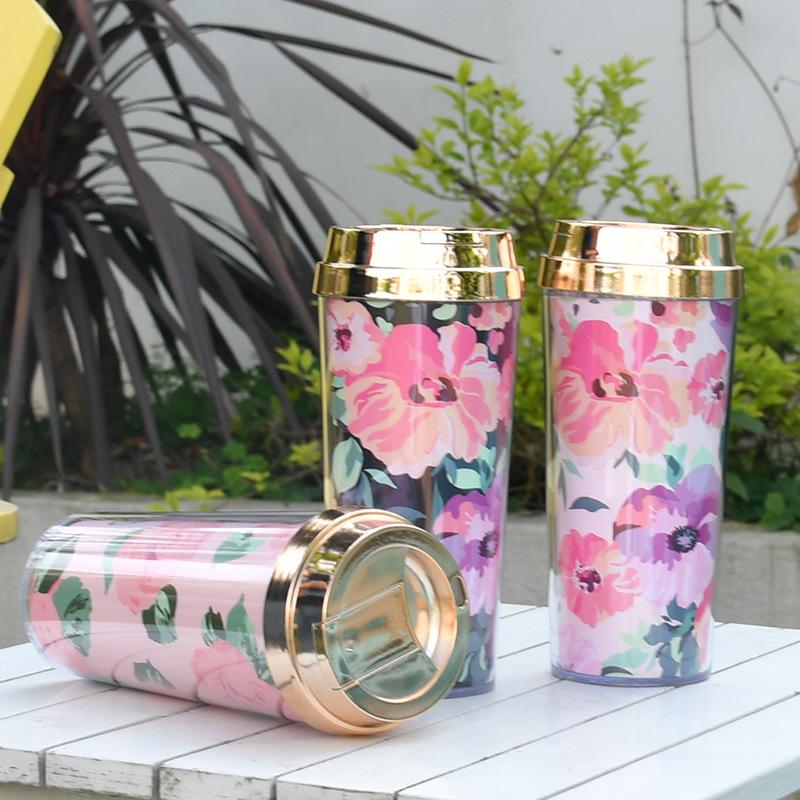 Double Layer Thickened Coffee Cup Insert Card Flower 16Oz Plastic Water Cup Heat Insulation Portable Water Cup