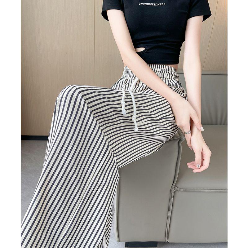 Summer New Fashion Simple Elastic High Waist Casual Wide Leg Pants Women's Print Stripes Patchwork Drawstring Straight Trousers