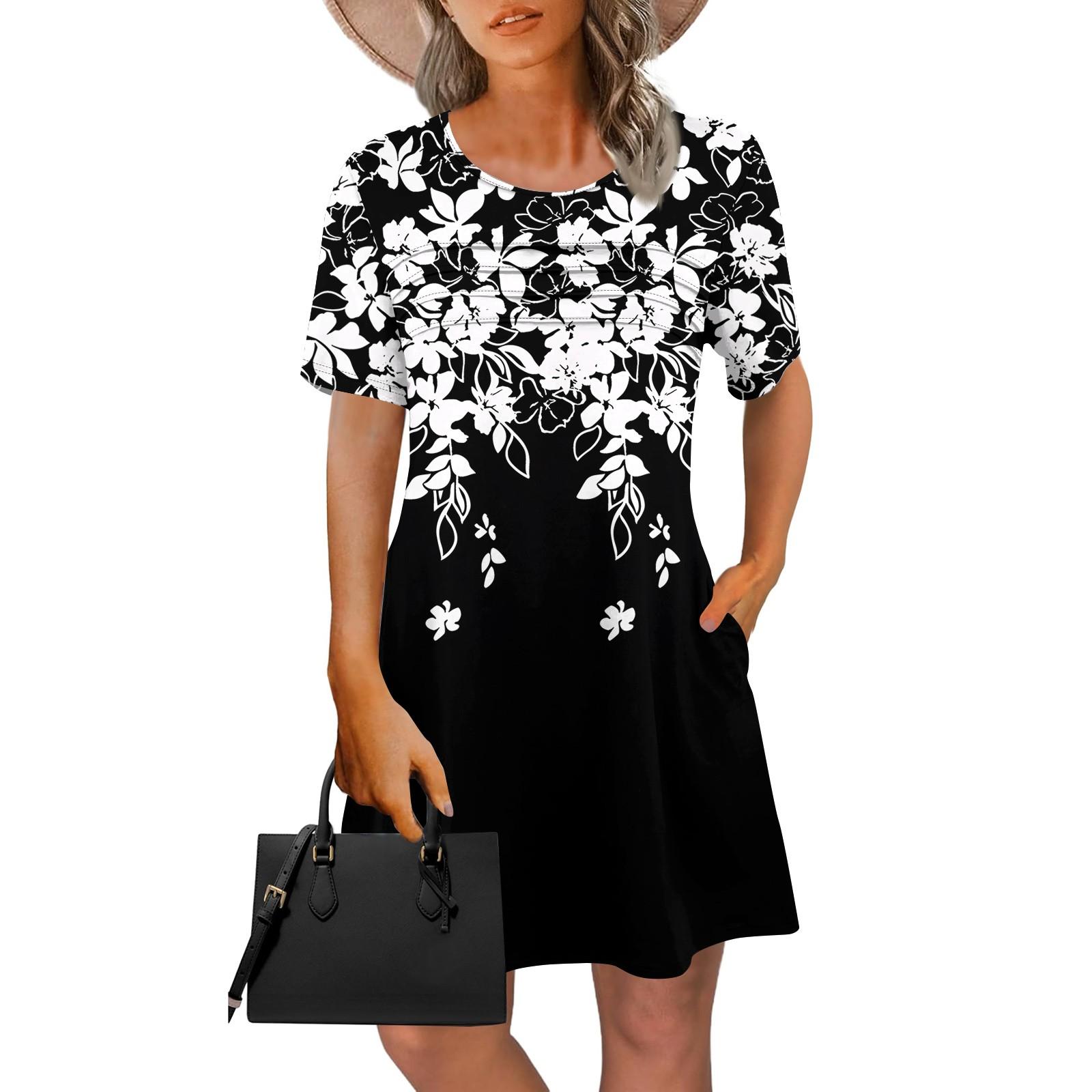 

Женское летнее винтажное платье с цветочным принтом, повседневное платье с коротким рукавом и круглым карманом XL белый