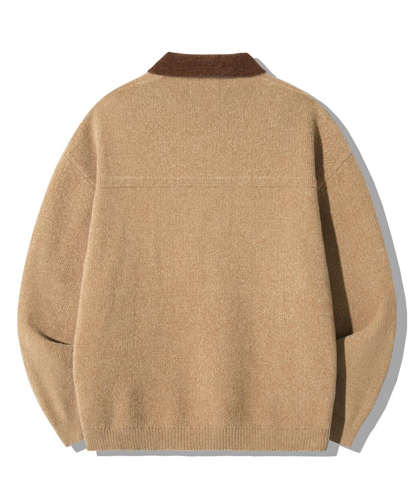 TRILLION Color Work Collar Zip-Up Knit Jacket [Beige]
