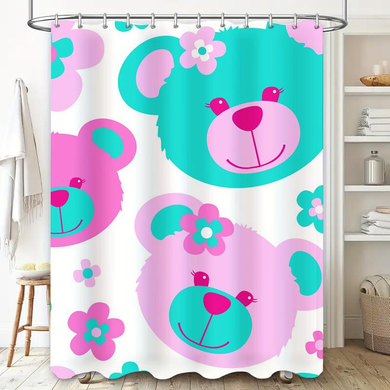 Children's Blue Green Pink Floral Cartoon Bear Shower Curtain for Bath Decor Home Textiles (Custom Size)