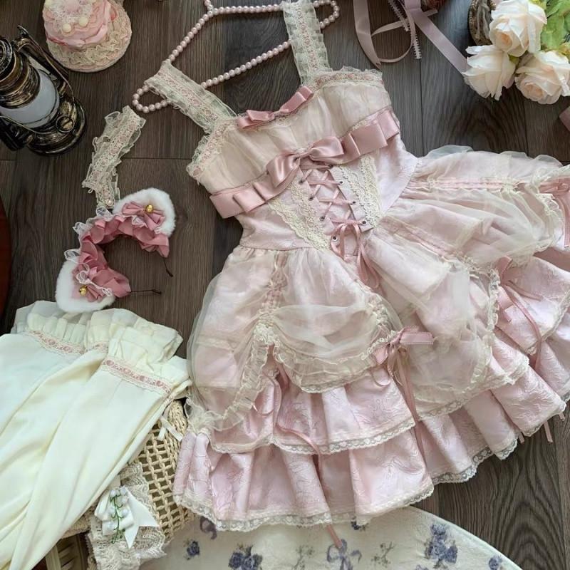 Süßes japanisches Lolita-Kleid für Damen, Gothic, Schleife, Spitze, Abendparty, Minikleider, Harajuku, Kawaii, schwarz, Vestidos, Halsbedeckung, Katzenohren, Kopfschmuck, Ärmel