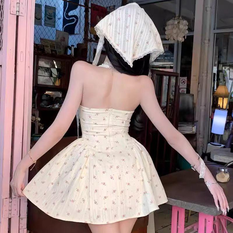2026 New French Pure Desire Floral Neck Dress for Women's Spring and Summer Sweet Babes, Sexy Waist and Thin a Word Tide