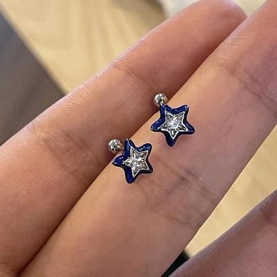 1 Paar trendige blaue Kristallstern-Pentagramm-Mini-Ohrstecker für Frauen, coole süße ästhetische Ohrringe, Modeschmuck im Y2k-Stil