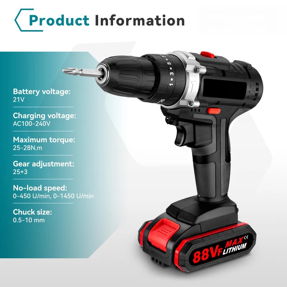 25+3 Torque Cordless Portable Electric Impact Drill Screwdriver Household Efficient Woodworking DIY Power Tool