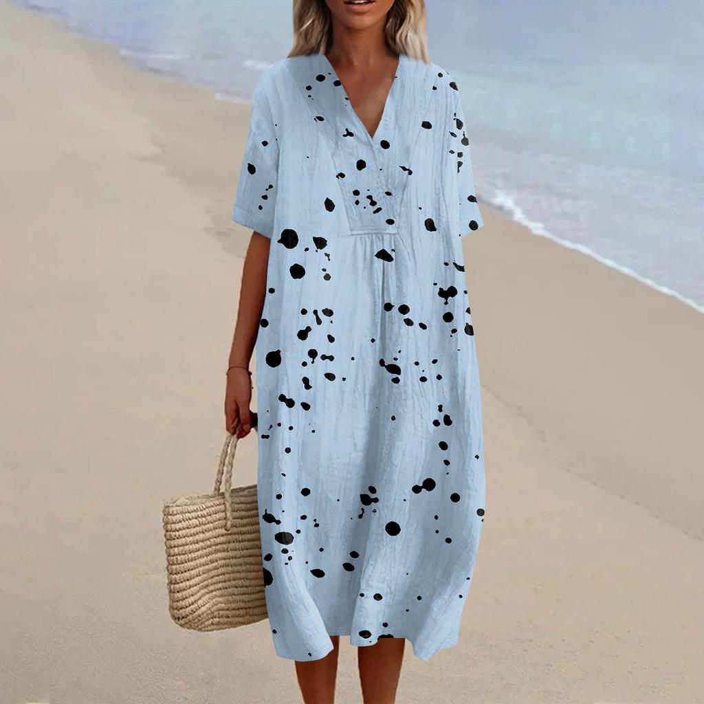 Damska luźna codzienna sukienka modowa z nadrukiem z dekoltem w serek spódnica plażowa