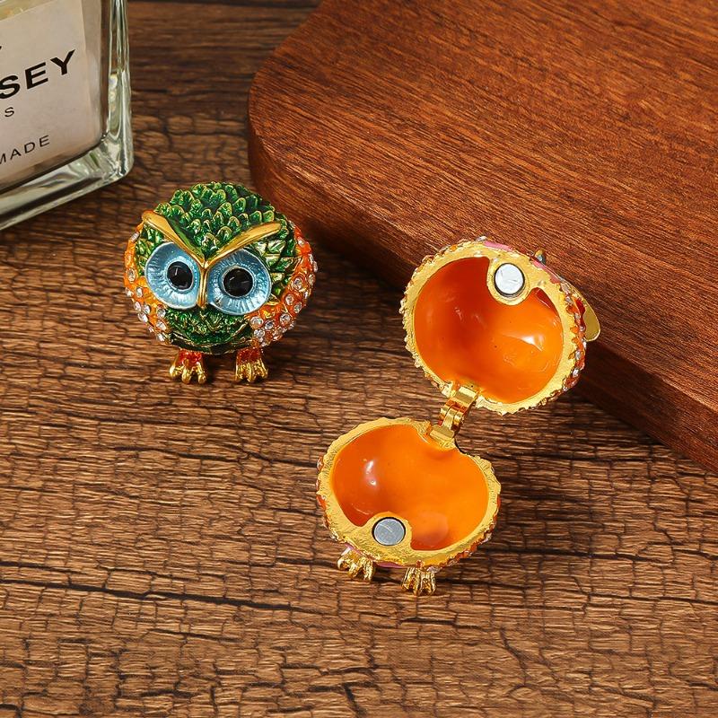 Owl Trinket Box Jewelry Box Hinged Collectible Animal Figurine Ring Necklace Holder Alloy Diamond Enamel Crafts Ornaments