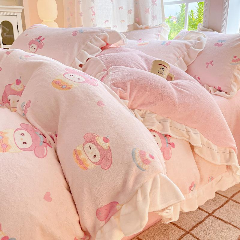 Thickened Milk Fleece Four-Piece Set, Lace Coral Fleece Quilt Cover, Bedding Fleece Bed Sheet Three-Piece Set