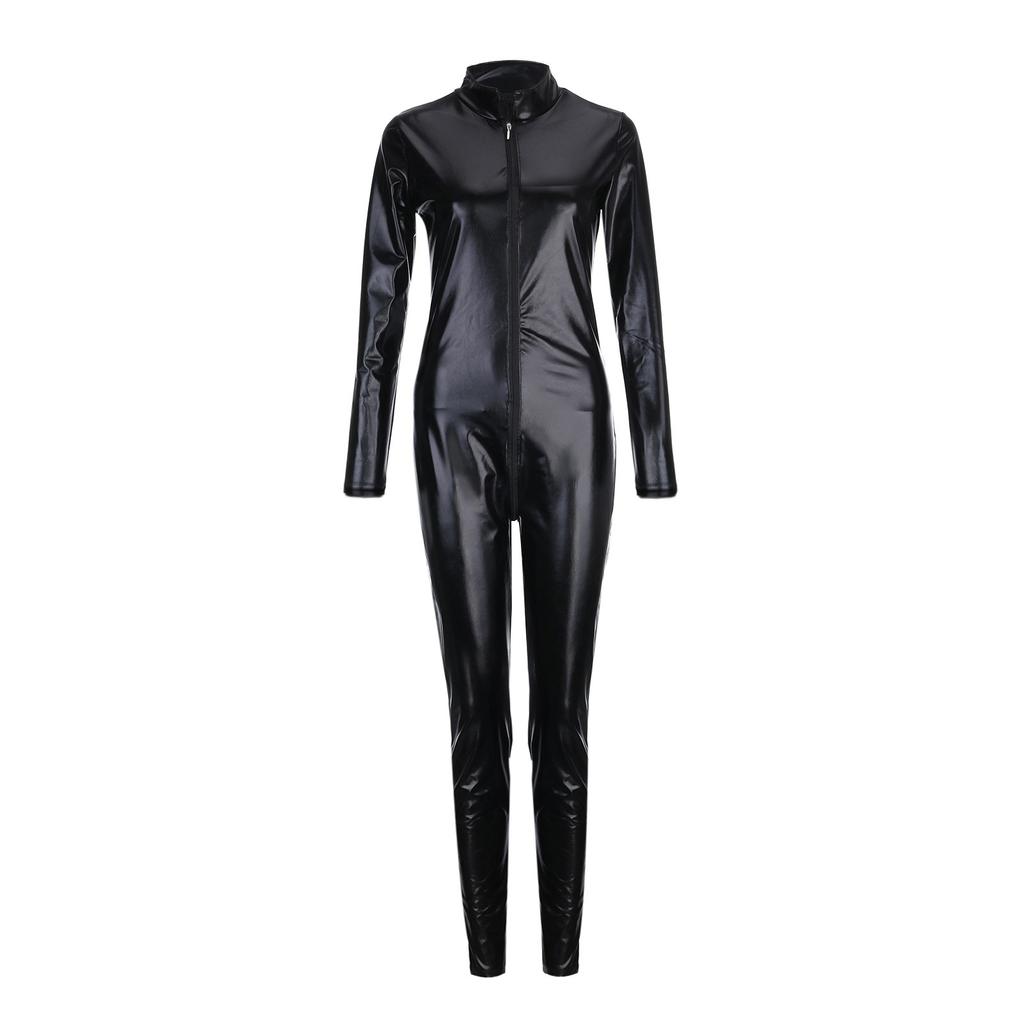 Plus Size Faux Leather One Piece Jumpsuit Sexy Lingerie Bodysuit Deep V Neck Long Sleeve Zip Front Slim Fit Catsuit