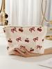 1pc, Pink Bow Patterned Corduroy Zipper Makeup Bag, Lightweight and Multifunctional Makeup Storage Bag