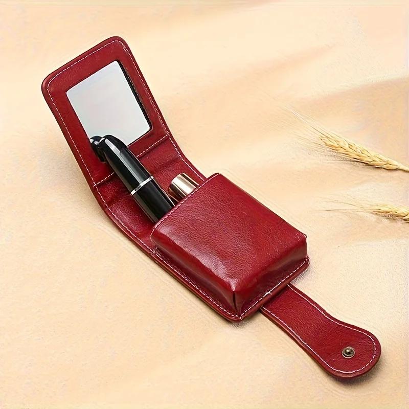 1PC Stylish Mini Makeup Bag with Mirror & Lipstick Holder - Compact Travel Cosmetic Organizer, Synthetic, Red or Black