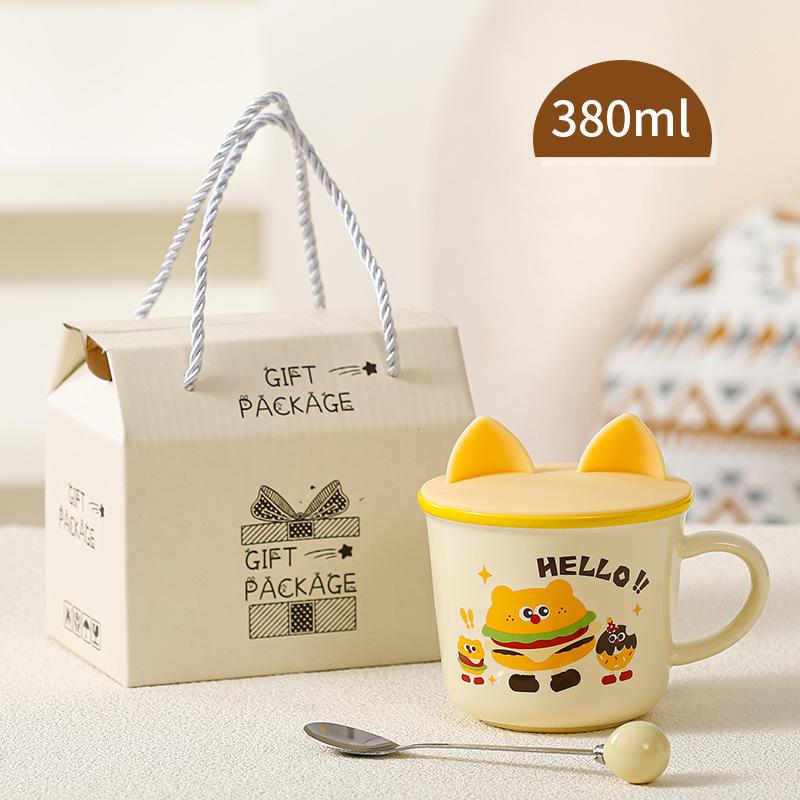 Niedliches Geschenk Keramiktasse Souvenirtasse Frauen Becher Cartoon Wassertasse Haushalt Kaffeetasse mit Deckel Löffel Kinder