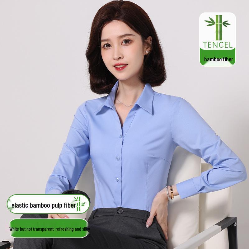 Women's Slim Fit Long Sleeve Bamboo Fiber Anti-Wrinkle White Shirt for Business or Casual Wear