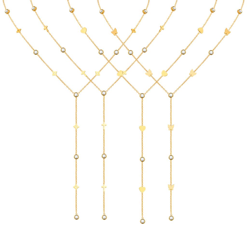 Wind Lady Stainless Steel Quadruple Butterfly Heart Cross Zircon Y Necklace Nc-2416
