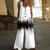 Women's Fashion Casual Button-down Sleeved Jumpsuit Retro Color Block Stitching Printed Cotton Pocket Jumpsuit