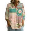 Women's Button Front Shirt Patchwork Print Loose Fit Three Quarter Sleeve Blouse Collared Neck Casual Top