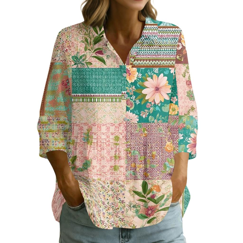 Women's Button Front Shirt Patchwork Print Loose Fit Three Quarter Sleeve Blouse Collared Neck Casual Top