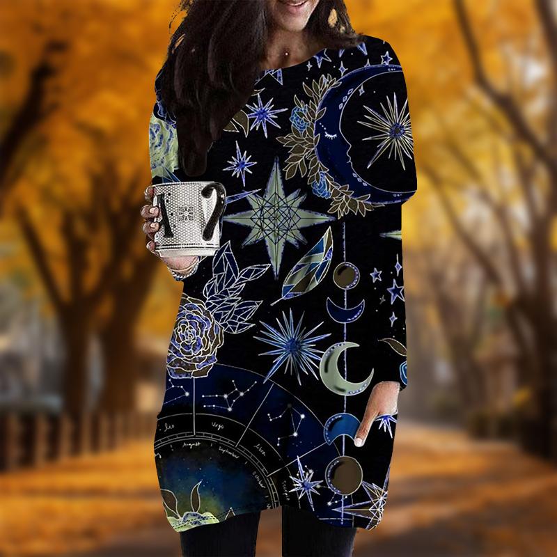 New In Autumn Crystal Starry Sky Print Plus Size Dress Women O'neck Long Sleeves Casual Pocket Dresses