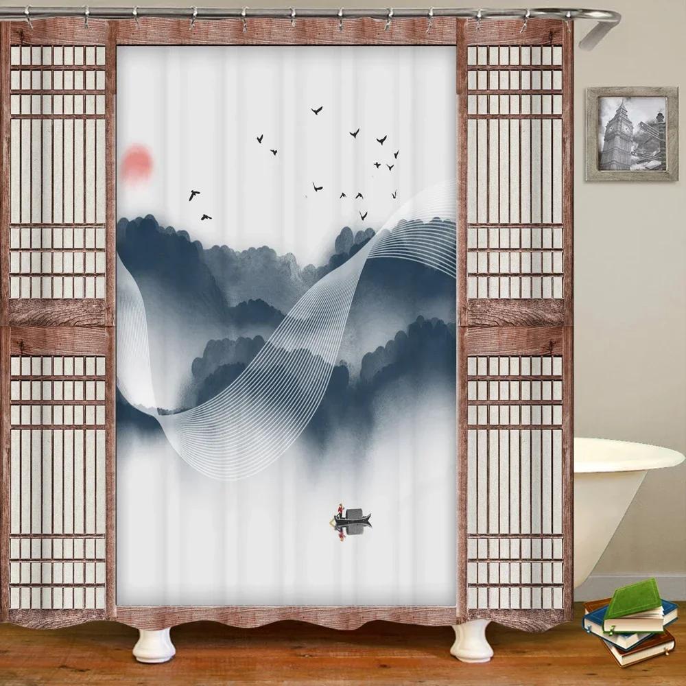 

Bathroom Shower Curtain 3D Chinese Style Landscape Printed Polyester Waterproof Bath Curtain Home Decoration Curtains With Hook W60H190(CM)-1 Pcs