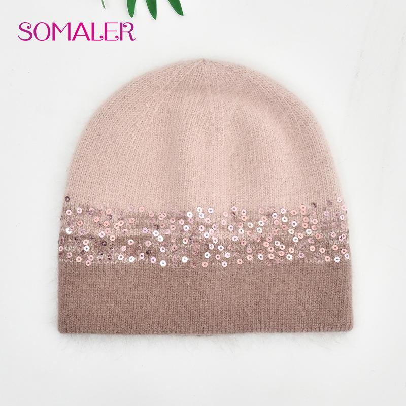SOMALER Winter Hats for Women Warm Angora Wool Knitted Hat Fashion Sequin Beanie Hat Thick Long Rabbit Fur Hair  Skull Cap Bonnet