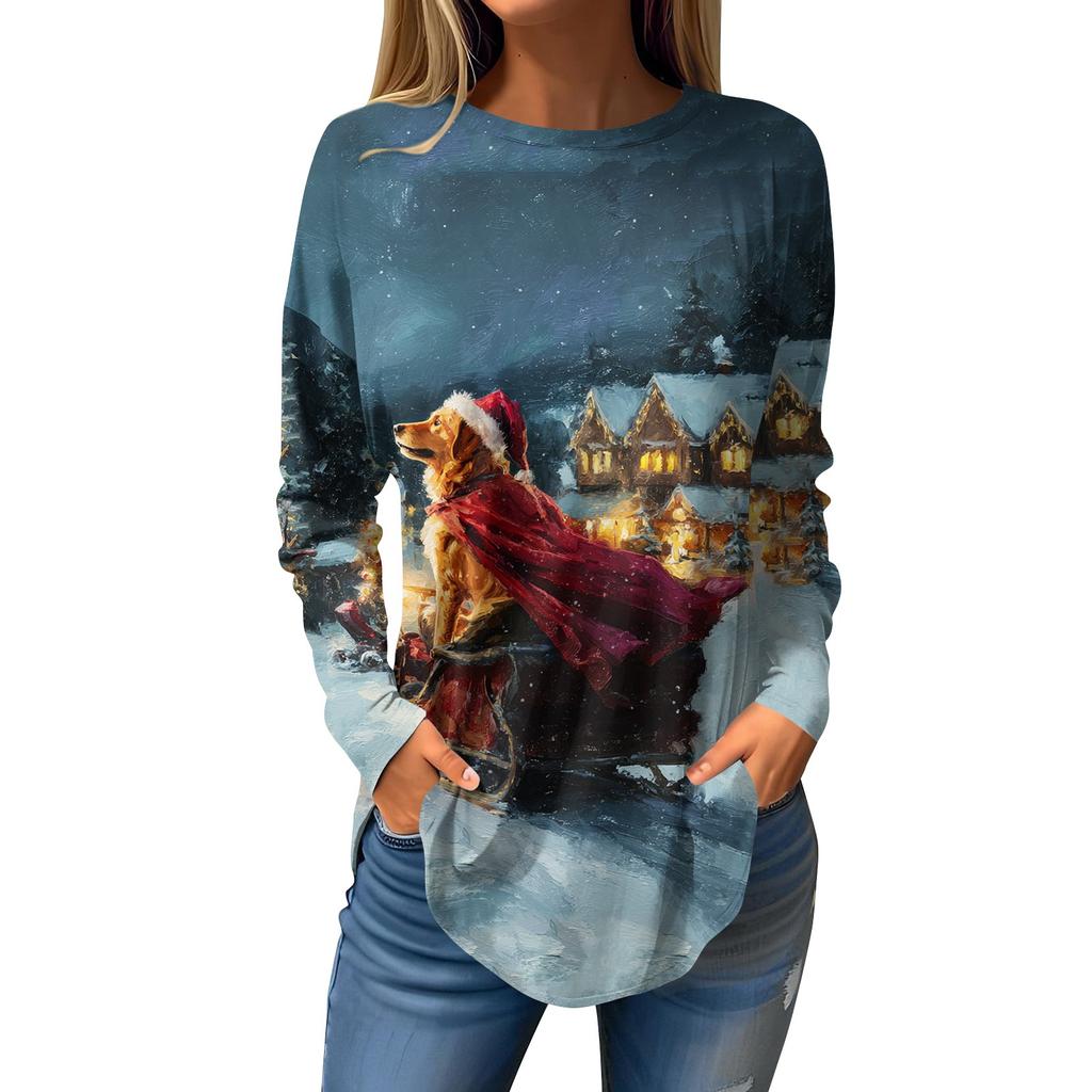 Tee Shirts For Women Casual Round Neck Long Sleeve Shirts Christmas Printing Top Pullover
