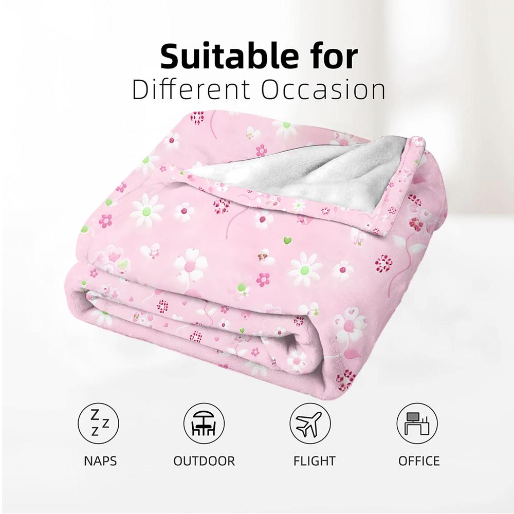 Soft Pink Delicate Small Floral Anime Cartoon Flannel Blanket Soft Warm Throw for Bedroom Sofa Car Kids Holiday Gift