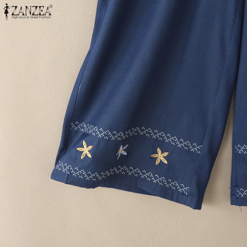 ZANZEA Women Casual Elastic Waist Loose Embroidery Print Cropped Pants