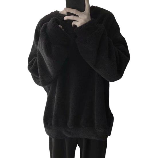 Bluză de trening groasă de iarnă cu gât rotund și mânecă lungă, culoare solidă, pentru bărbați. Bluză de trening supradimensionată, culoare solidă, pluș pe ambele fețe.