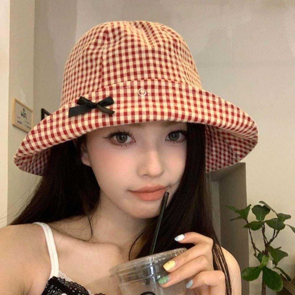Casual Wide Brim Sun Hat Black Bowknot Fisherman Hat New Plaid Bucket Hat Travel Outdoor