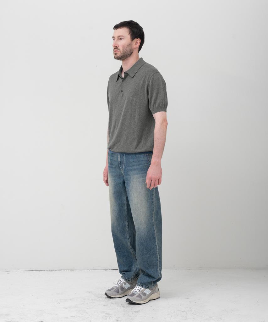 MANNERGRAM Nouvelle Fine Cashmere Cotton Polo Short Sleeve Knit Moss Grey