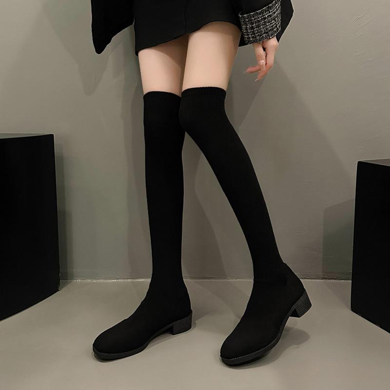 Skinny Over-knee Elastic Boots Women's Round Head Thick Heel 2024 Autumn New Elastic Boots Knitted Socks Boots with Socks Boots