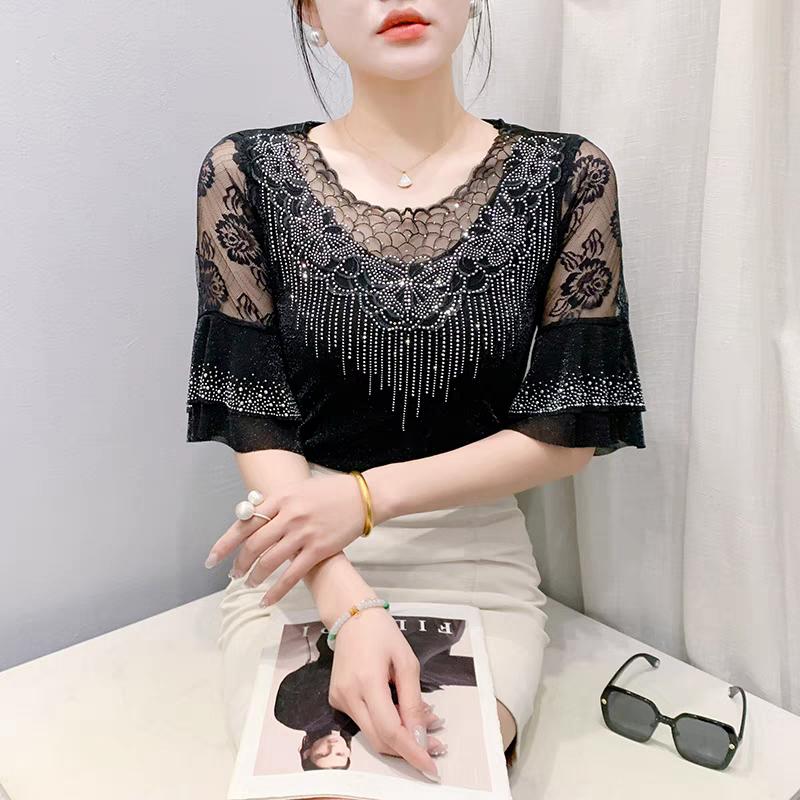 

Elegant Summer Party Clothes Women s T-Shirt Fashion Luxury Shiny Flower Diamonds Tops New O-neck Flare Sleeve Slim Tees M чорний