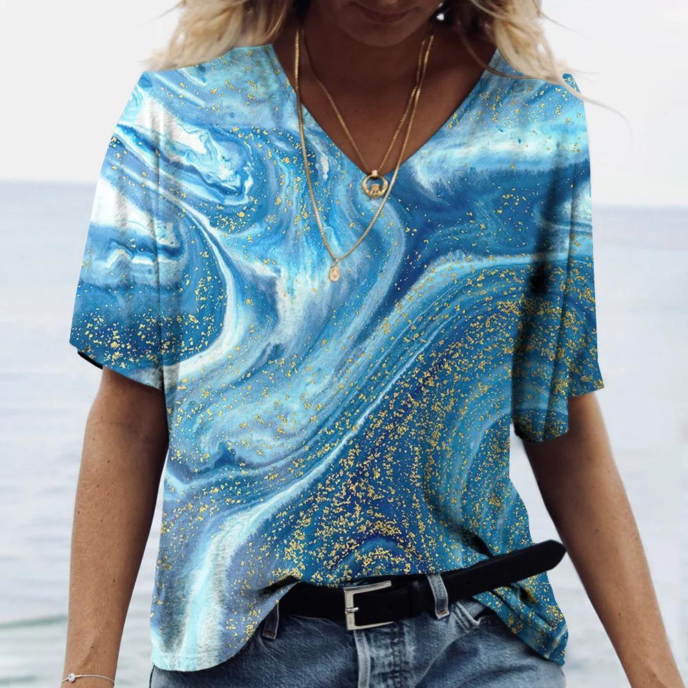 Summer V-neck 3D Marble Pattern Printed Top Fashionable Casual Short Sleeved Women's T-shirts