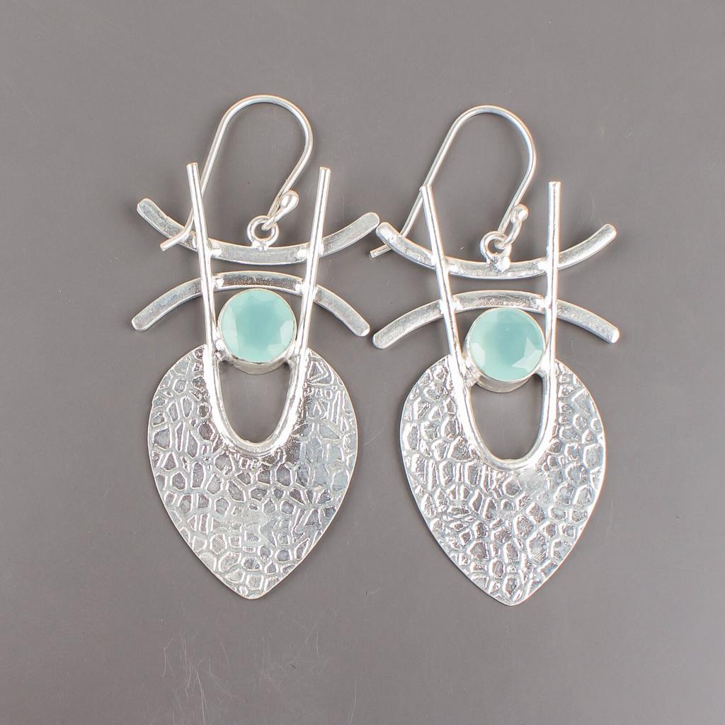 Aqua Chalcedony Gemstone 925 Sterling Silver Handmade Earrings 1.78" For Women EE-64-39